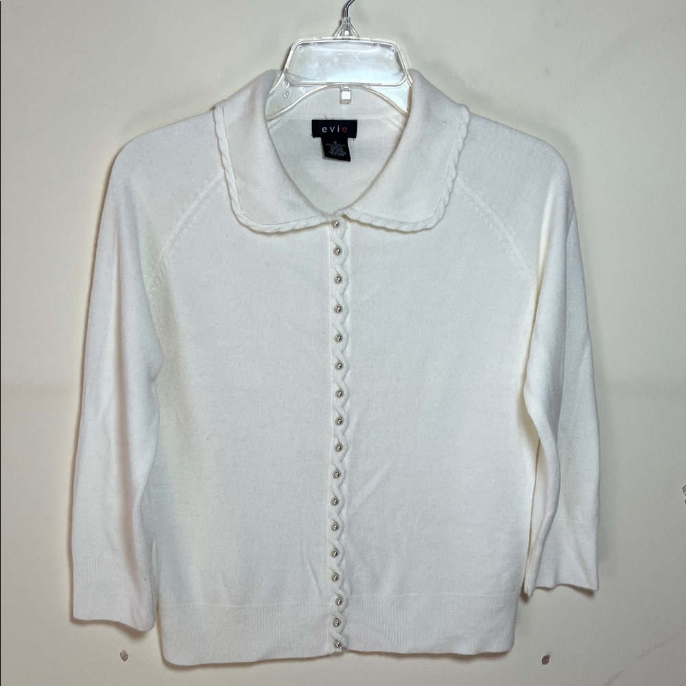 Romantic Size Small White Long Sleeve Women’s Cardigan Pearl Buttons